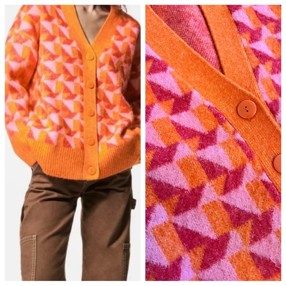 Zara Geometric oversize Cardigan orange pink sweater coat thick knit S